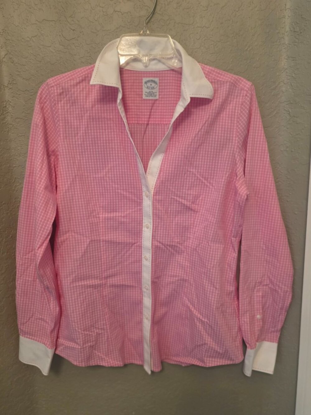 Brooks Brothers Ladies Pink White Check Print Button Down blouse 8